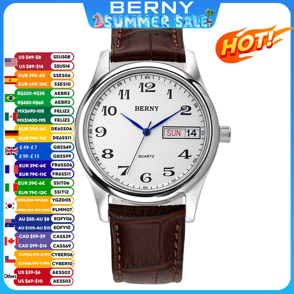 BERNY Men\'s Watch Quartz Day Top Calendar Wristwatch Waterproof Blued Steel Hands Arabic Numerals Easy Read Relogio Masculino