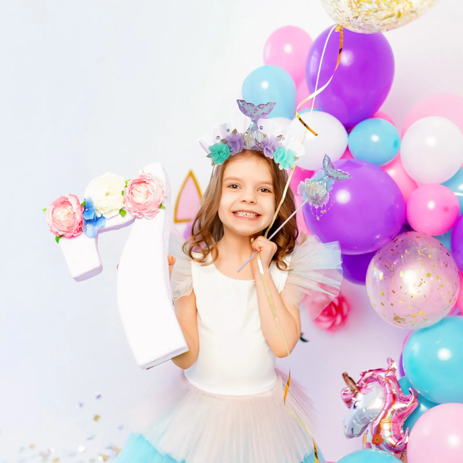 1 Juego de diadema de sirena, conjunto de varita de hadas, accesorios de disfraz de lentejuelas para niñas, fiesta de Cosplay, cumpleaños, accesorio de despedida de soltera ligero