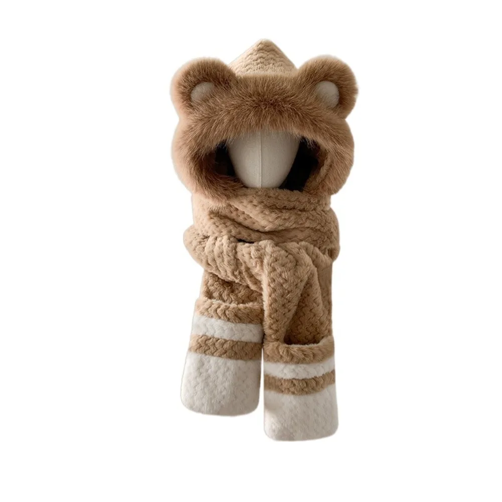 High-Value Bear Protection Hat Soft Plush Pullover Integrated Cap Gloves Scarf Thickened Design Windproof Ear Protection Hat