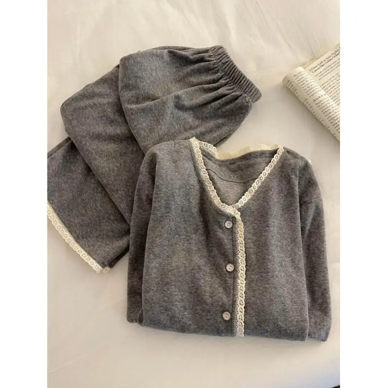 

Women's Pajama Set Comfortable Sleepwear Pajamas Lace Flannel Women Sweet Japanese Style New Autumn Winter Soft Long Sleeve Home