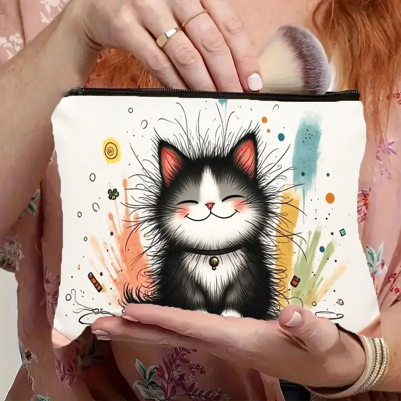Charming Makeup Pouch Featuring a Fluffy Black And White Cat Design, Equipped with a Zipper. This Delightful Cartoon Kitten
