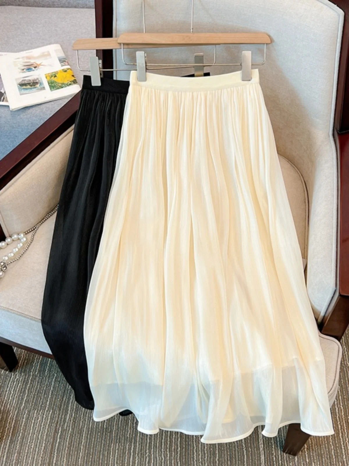 High Waist A-Line Chiffon Euro Organza Skirt Women's plus Size Pear Shape Slimming Midi Skirt Commute Korean Style Pure Color