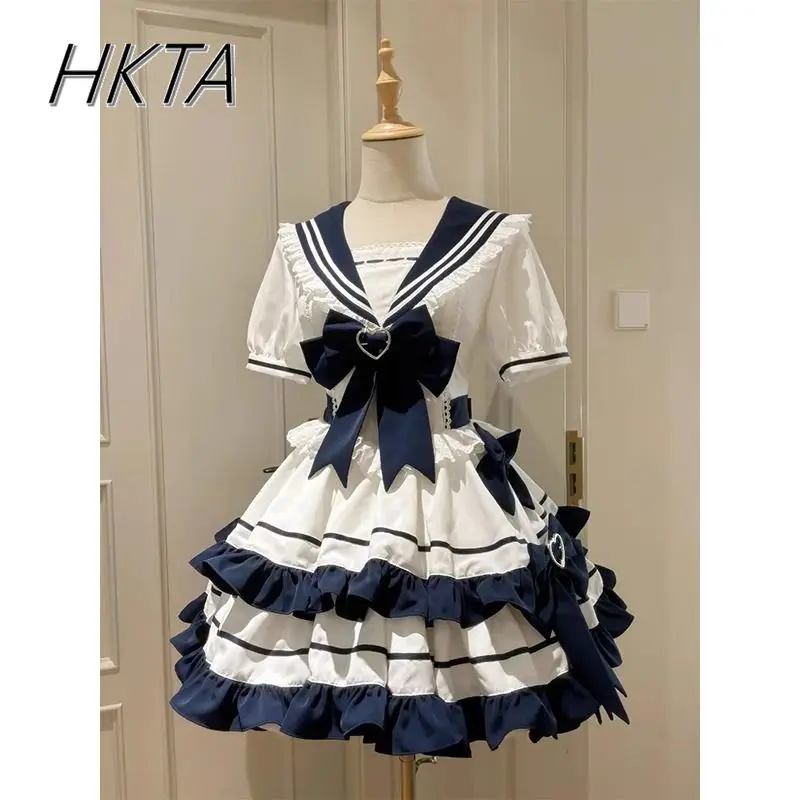 Lolita หวานน่ารัก Navy COLLAR แขนสั้นชุดผู้หญิงฤดูร้อนใหม่ลูกไม้สายเอวสูง Ruffle ชุดเค้กสไตล์วิทยาลัย