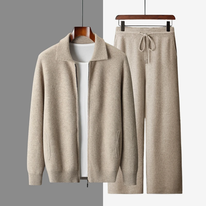 

Luxury Men 100% Cashmere Polo Collar Sweater Cardigan Wide Leg Pants Thick Warm Knitwear Autumn Winter Jacket Tops Pants Set