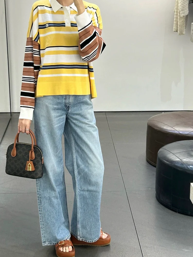 LOTTIE تخصيص الخريف جديد Ne Long Sve محبوك سترة المرأة مخطط اللون Blo تصميم تخفيف Sle مزيج القطن #5