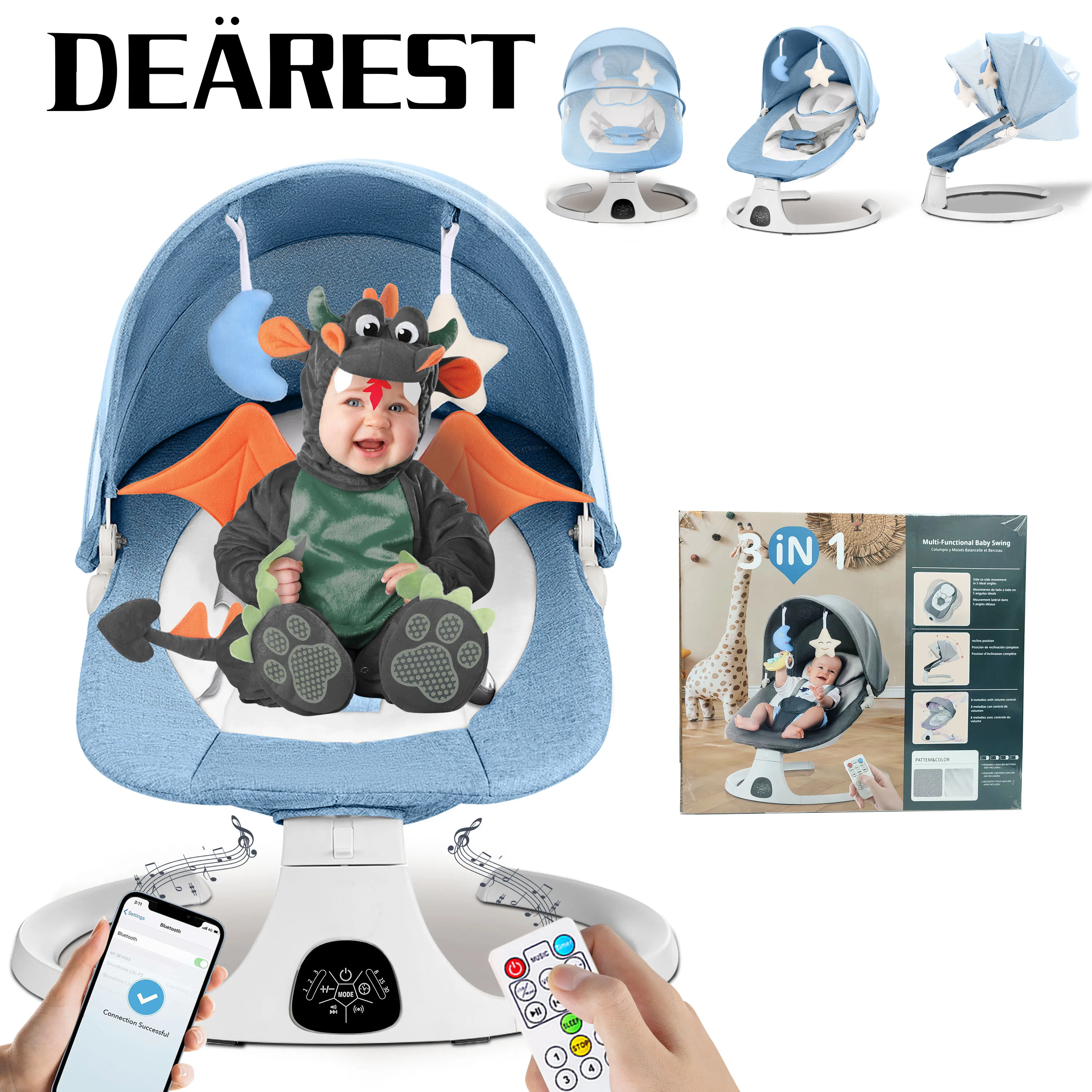 

Портативное электрическое детское кресло-качалка, встроенный музыкальный поднос, игрушка, москитная сетка, 3-угольная регулируемая 5-скоростная качели