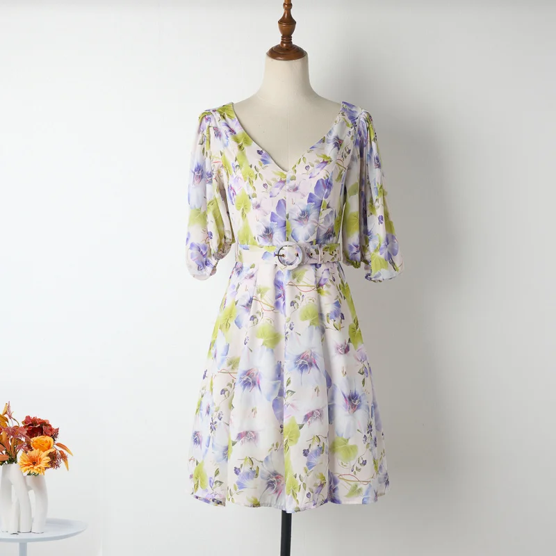 

Real Shot Puff Sleeve Spring Summer Print A-line Dress Short Skirt with Belt Elegant Vacation Women's Clothing