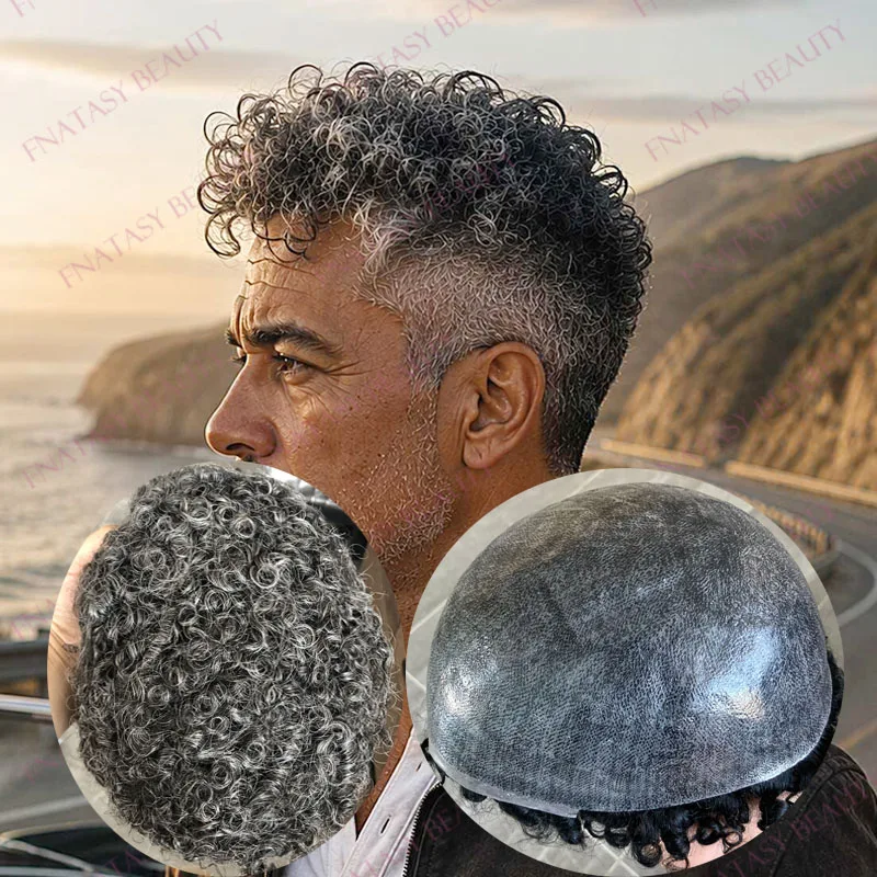 

Super Durable 15mm Curly Grey Old Man's Human Hair Wigs Replacement Natural Hairline 0.1mm Injection PU Base 1B40 1B50 Hairpiece