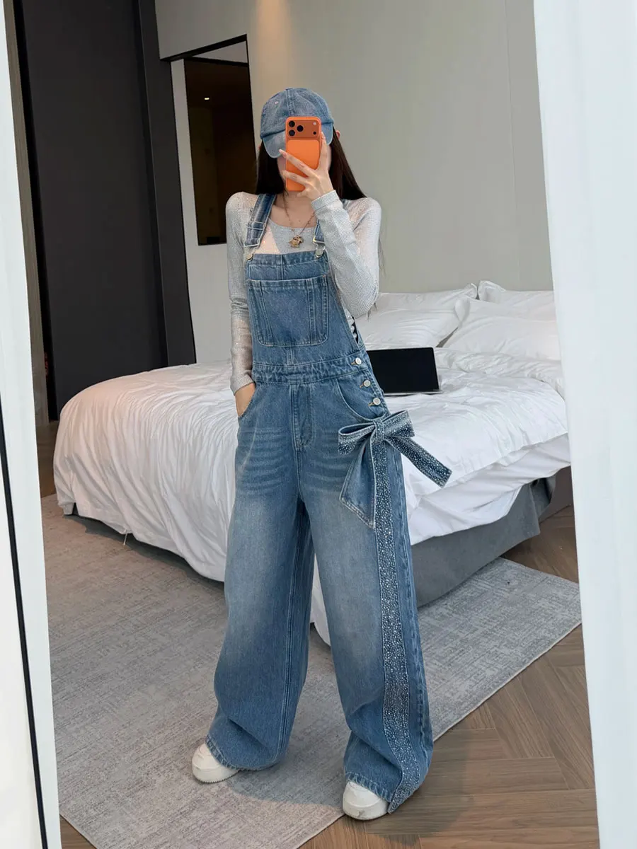 

Korean Sle Youthful Knot Denim Overalls Women's Loose Design Heavy Du Wide Leg Jumpsuit Spring Season