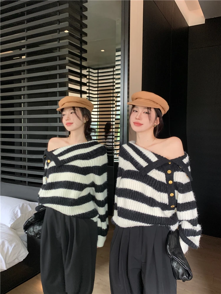 Ezgaga Striped Sweater Women Off Shoulder Striped Autumn Winter Button Slash Neck Pullover Vintage Knitted Tops Loose Jumper