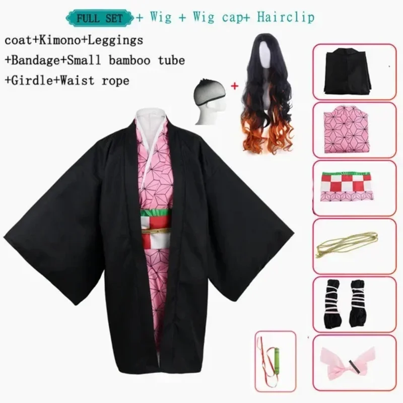 CyCosplay costume Anime Satan Slayer Kimetsu No Yeyang Nevuko Kamado Nezuko Kimono Women's Halloween Clothes uniform Wig
