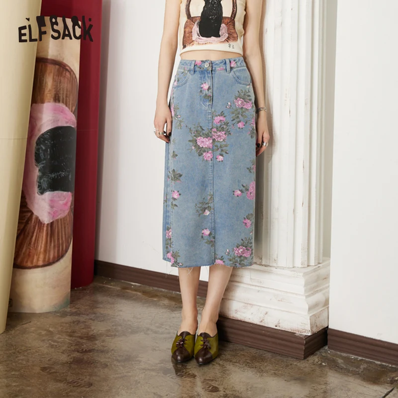 ELFSACK Printed Split High Waist A-line Denim Skirt Women 2023 Spring Mid-length Bottom