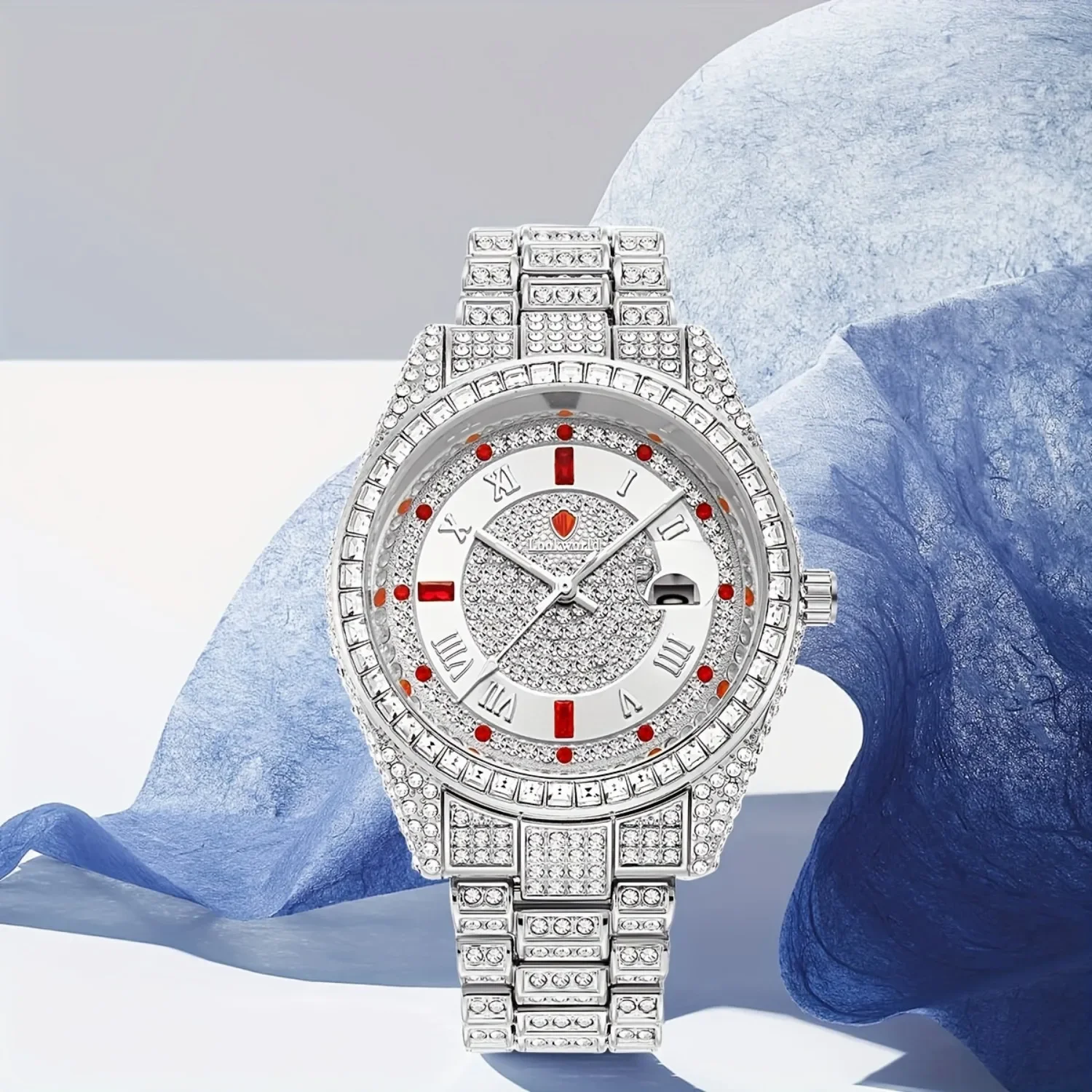 LOOKWORLD-Luxury Quartz Watch with Rhinestone Accents, Water-Resistant, Round Case, Stainless Steel Strap, Pointer Display