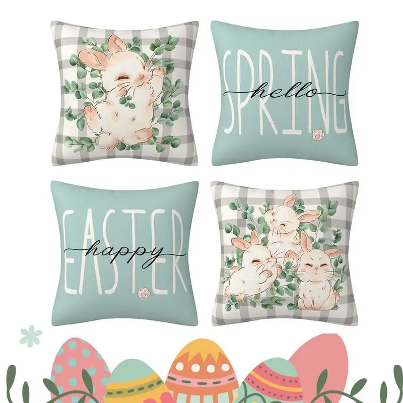 Spring Pillow Covers 18x18 Eucalyptus Leaves Hello Spring Cushion Case Decoration For Sofa Couch Set Of 4 With Invisible Zipper