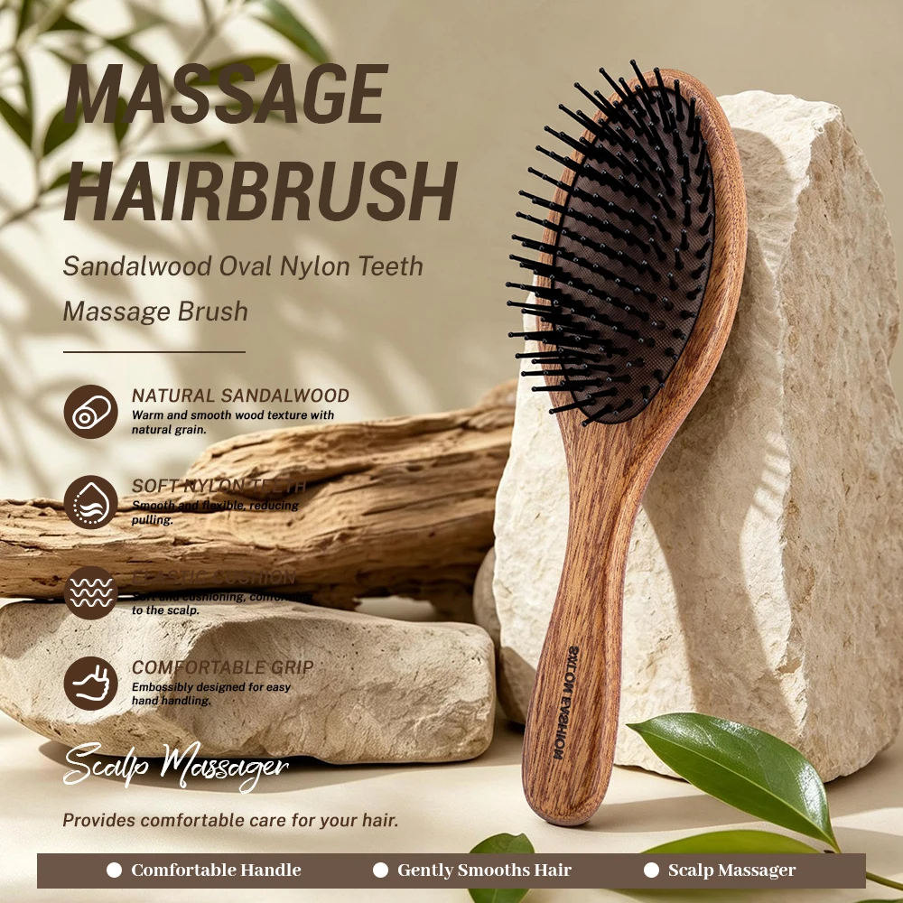 Elliptical Wooden Air Cushion Massage Hairbrush With Anti-Static and Natural Solid Wood Handle for Home Use Dry And Wet Use Comb