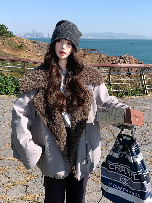 

Lamb Fur Collar Parka Cotton Jaet Women's ort Sle Winter Warmth Slimming ey Top Korean Version Long Sve Commute