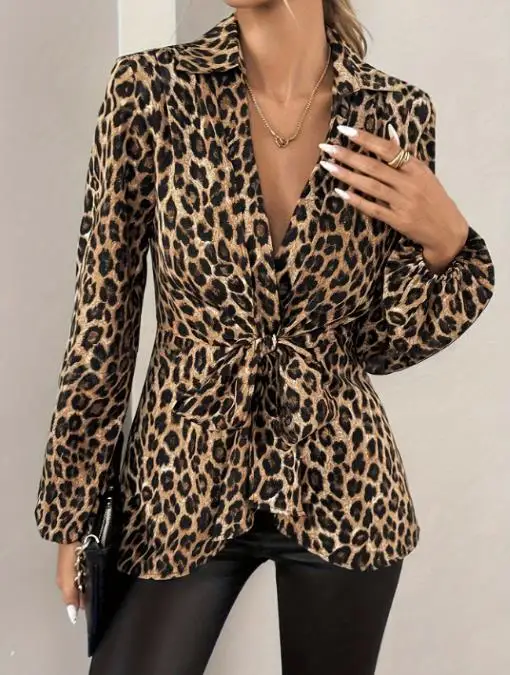 

Woman Blouse 2025 Spring Autumn New Fashion Leopard Print Lace Up V-Neck Temperament Long Sleeved Casual Daily Shirt Top