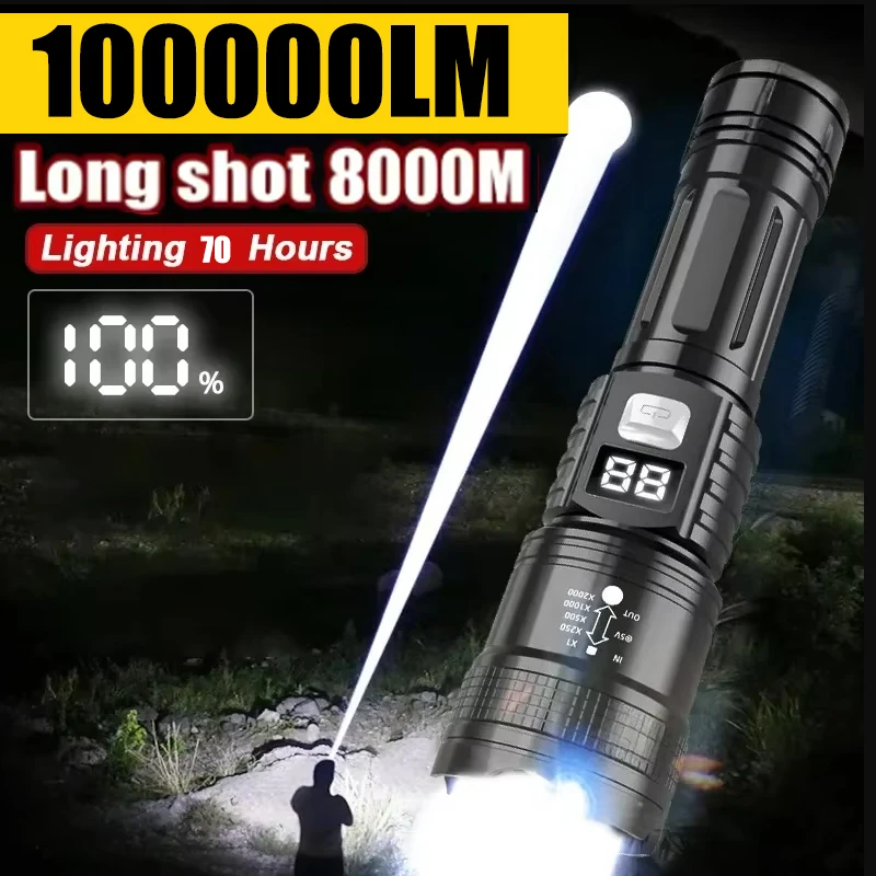 Wiederaufladbare LED-Taschenlampe 100000LM Wasserdicht für Outdoor-Camping Angellaterne Superhelle Reichweitenstarke Taktische Fackel