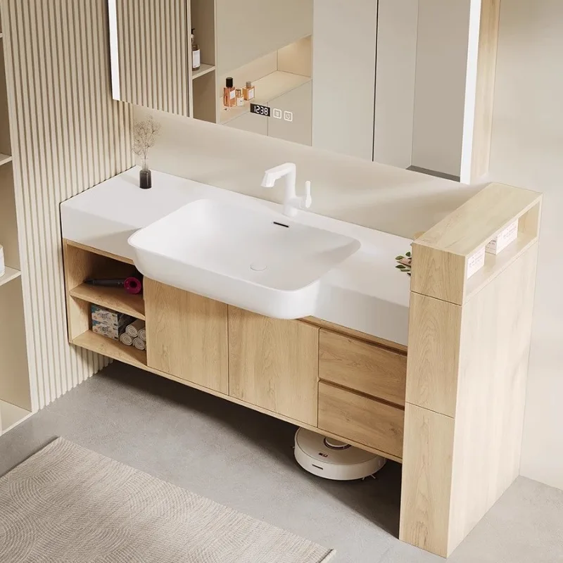 

2024 new big belly basin rubber wood paint-free log color modern style smart bathroom cabinet
