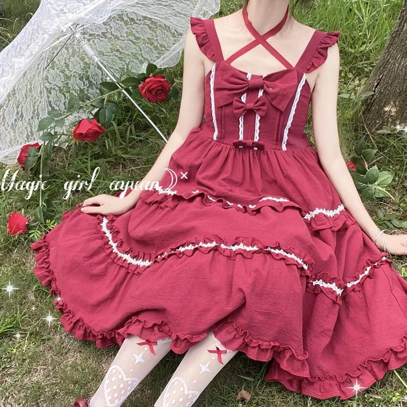 

New Summer Girl Red Lolita Stitching Dress Harajuku Punk Sweet Preppy Style Temperament Kawaii Fashion Dress