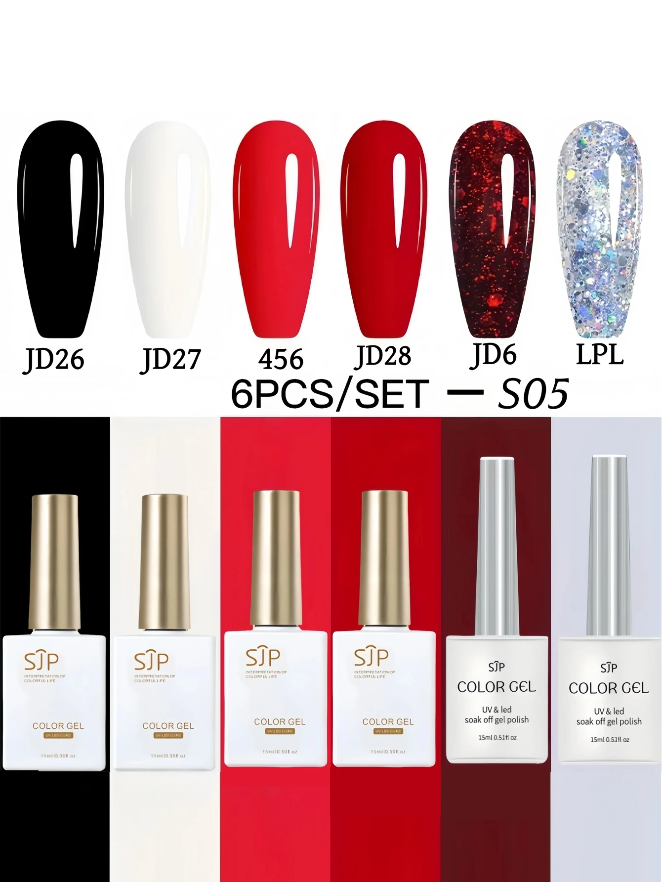 6-teiliges Set mit 15 ml UV-Gel-Nagellack in Schwarz, Weiß und Rot für Weihnachten, perfekt für Nail-Art-Anfänger.
