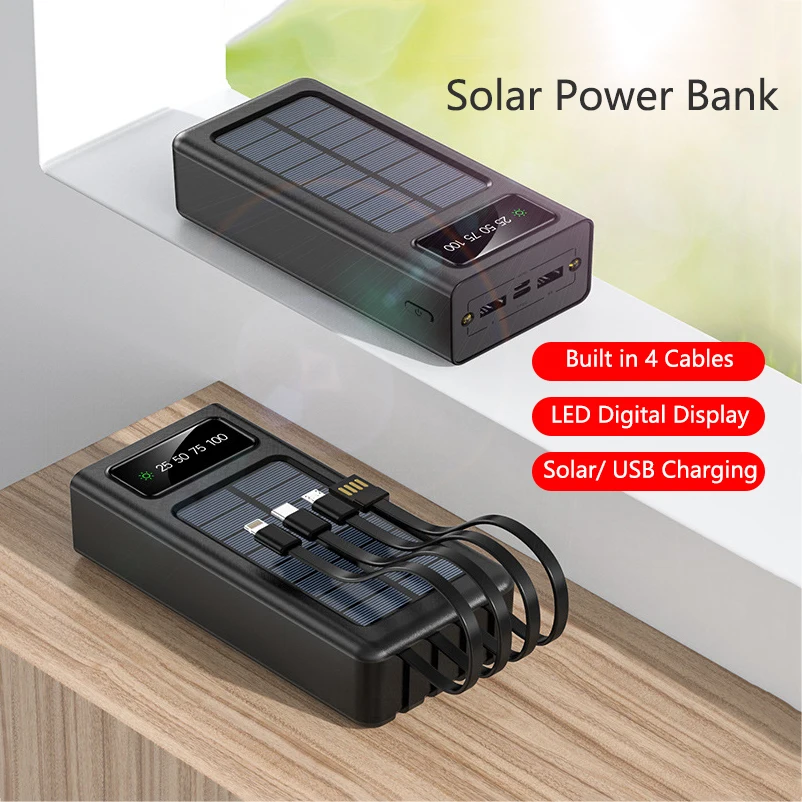 

30000mAh Solar Power Bank Portable LED Digital Display External Battery for iPhone 14 Samsung Huawei Xiaomi Powerbank with Cable