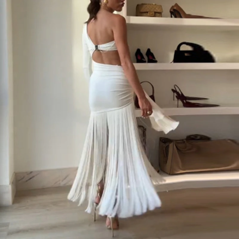 Irregular Ruched Sexy Maxi Dress For Women One Shoulder Sleeveless Hollow Out Long Dress Slim High Waist Backless Tassel Dresses