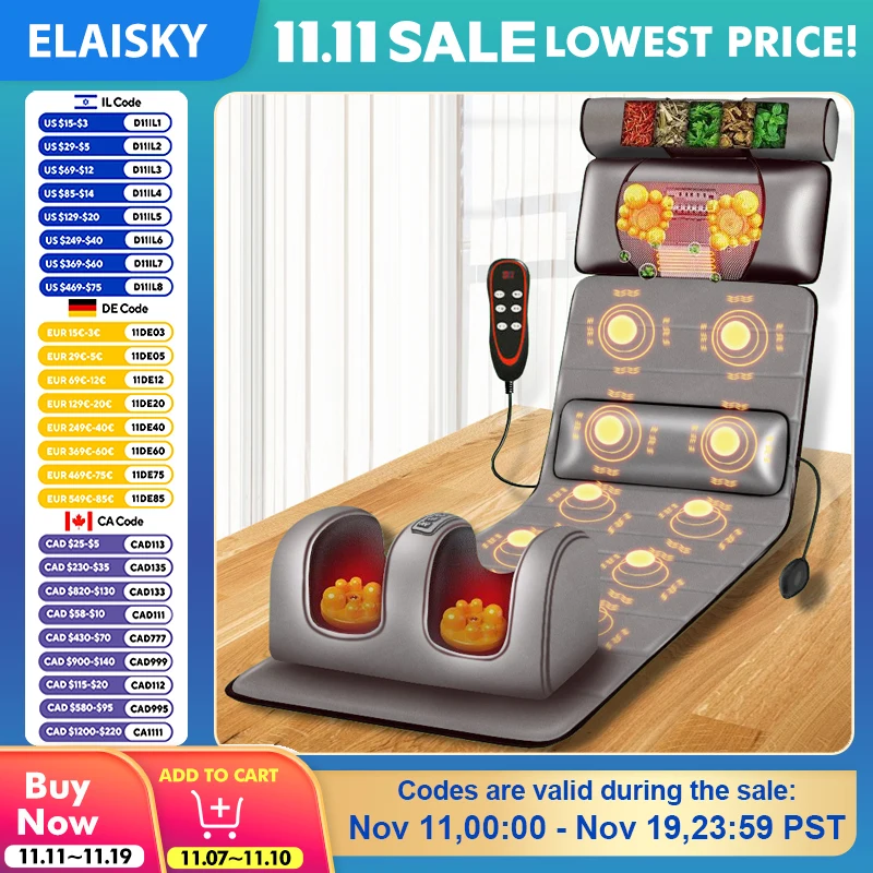 

Electric Massage Mattress Vibrating Heating Infrared Massager Cushion For Whole Body Pain Stress Relief Body Relax Kneading 220V