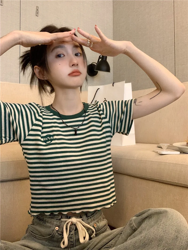 2025 neue Gestreiften Crop Top Frauen Koreanische Crew Neck Sommer Print Kurzarm Tops Dünne Beiläufige Einfache Alle-spiel frauen T Shirts – Detail 6
