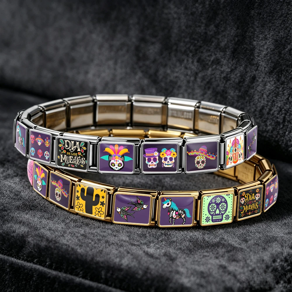Mexikanisches Dia De Los Muertos Zuckerschädel-Armband aus italienischem Edelstahl, 9mm Glieder, Anhänger für Halloween, Tag der Toten, Schmuckherstellung – Detail 2