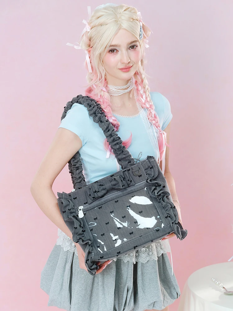 Original College Student's Sweet Kawaii White Large Capacity Itabag 2025 New Girl's Cute Bow Transparent Tote Bag Shoulder Bag