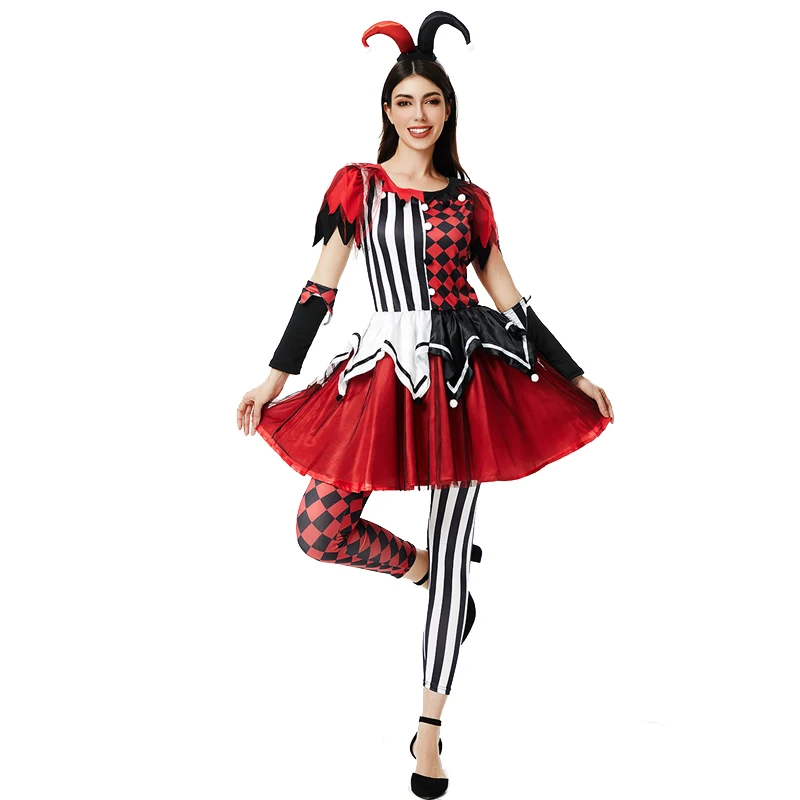 NEW Lady Colorful Circus Clown Costume Naughty Harlequin Joker Cosplay Carnival Halloween Fancy Dress Party