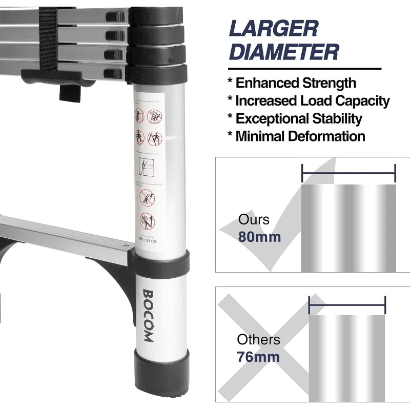 BOCOM 14.5 FT Aluminum Telescoping Ladder, Lightweight Multi-Purpose Collapsible Extension with 2 Triangle Stabilizers