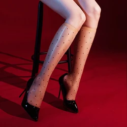 1 Pair Women's Sexy Ultra-thin Socks Polka Dot Mid-Calf Stockings Transparent Oil Black Short Lace Elastic Silky Stocking