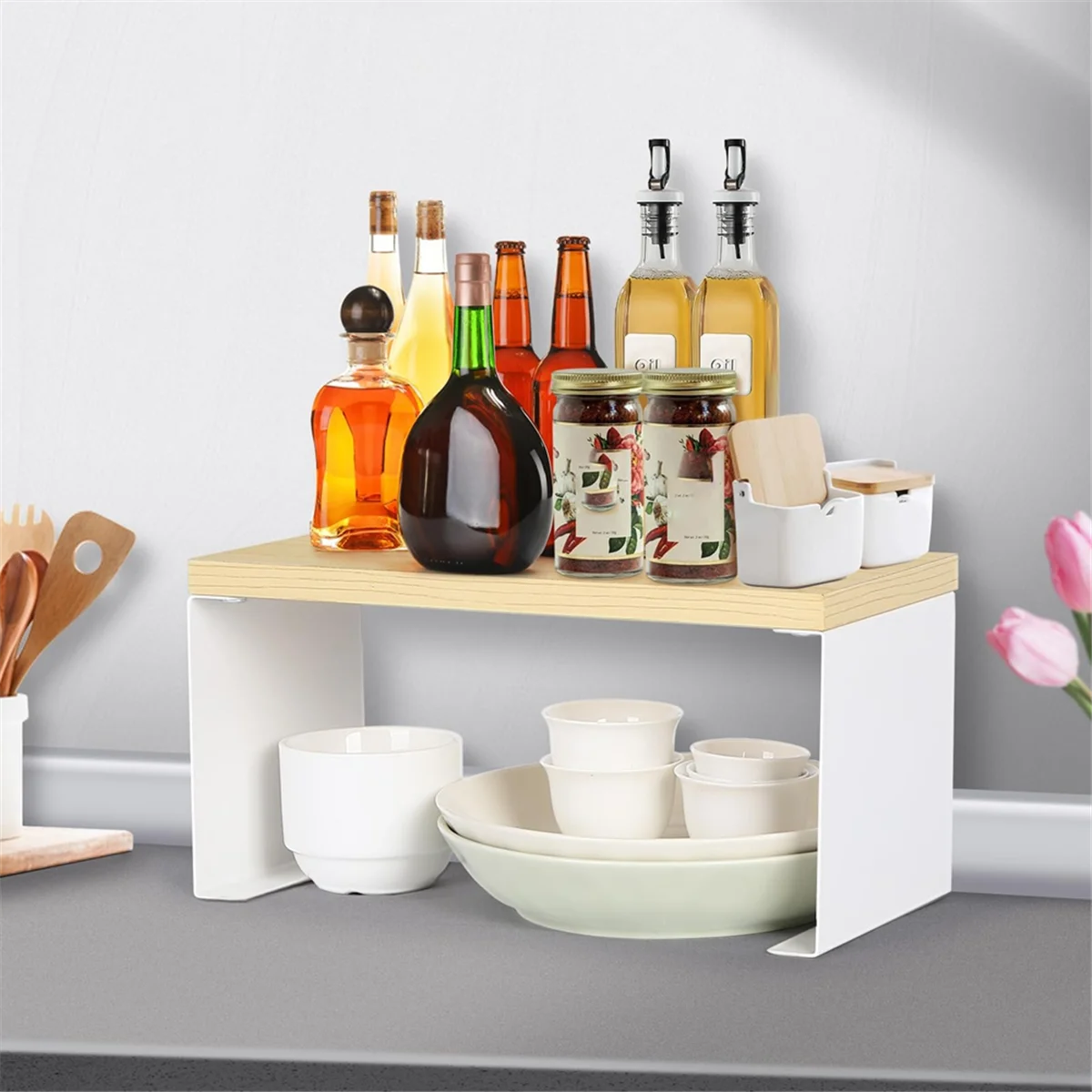 

Wooden Desk Storage Rack Lattice Decoration Frame Wooden Floor-Standing Double-Deck Desktop Shelf