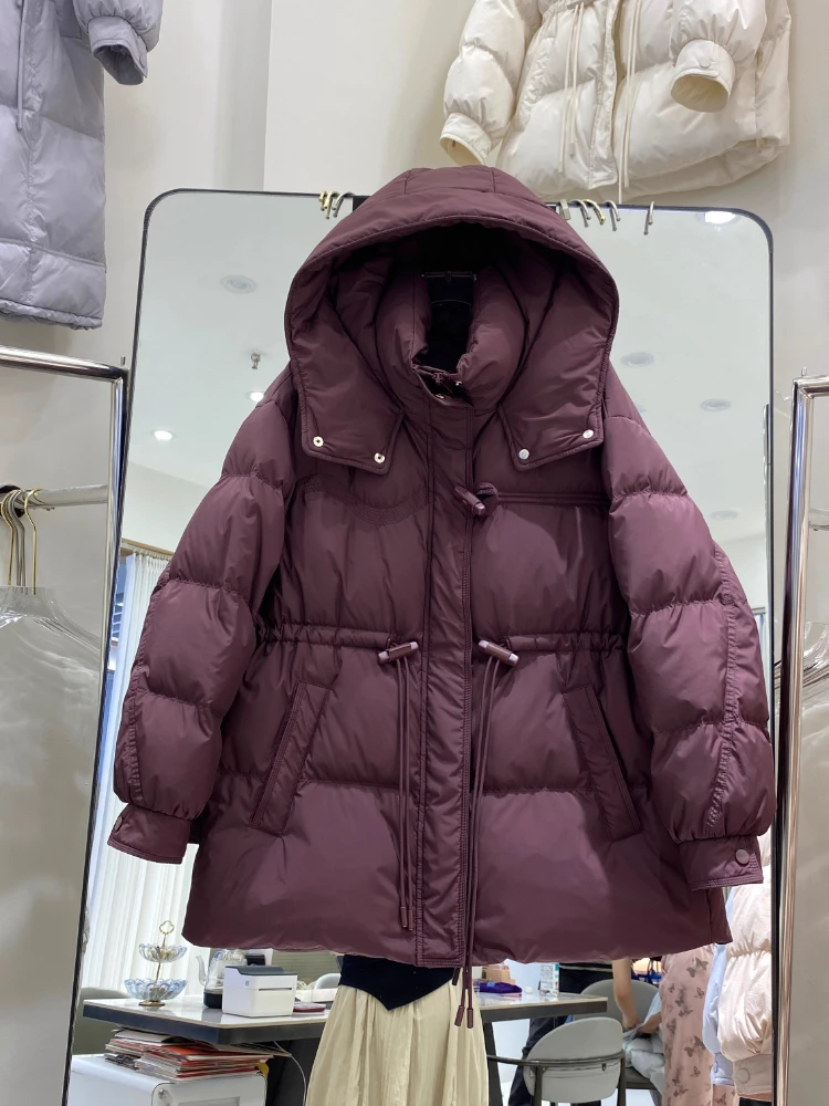 Veste en duvet de canard blanc pour femme, Parka mi-longue épaisse à capuche, couleur unie, manteau chaud surdimensionné, vêtements d'extérieur, nouvelle collection hiver 2025