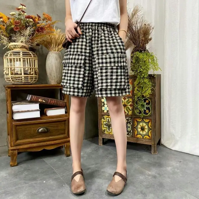 

Retro Cotton Linen Plaid Shorts Women Summer Elastic Waist Pocket Wide Leg Casual