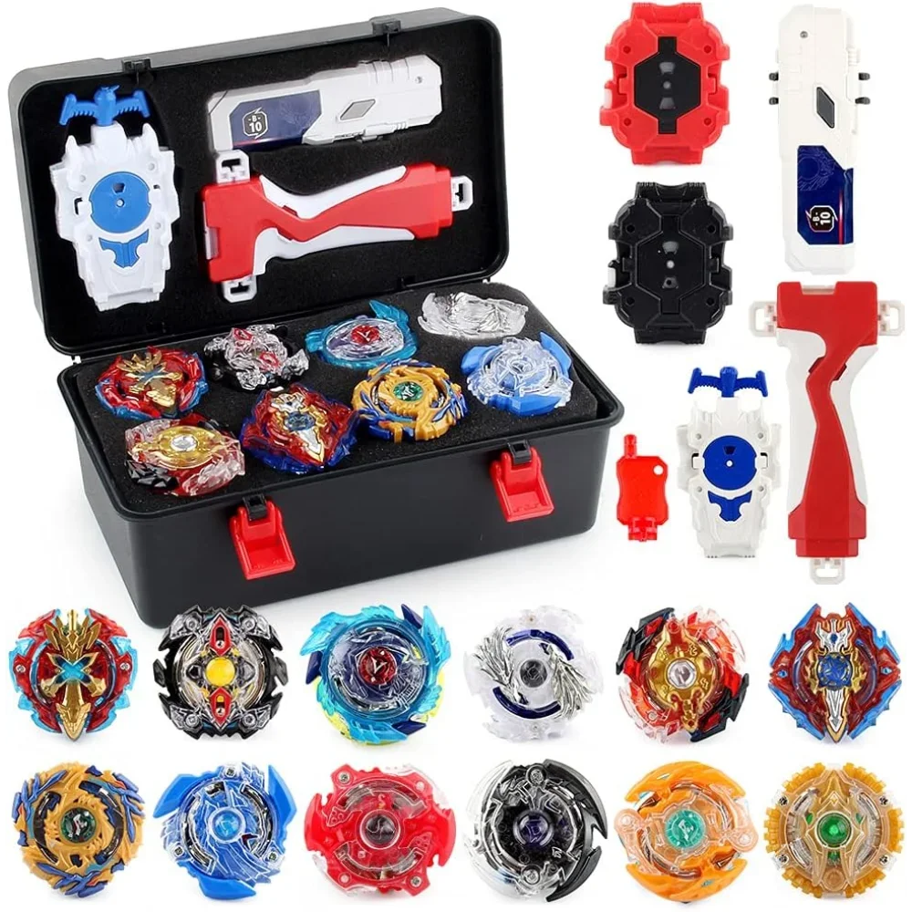 Bleyblade Takara Tomy Top Burst Gyro Toy Set, 12 Spinning Tops & 3 Launchers with Black Storage Box, Birthday Boys Girls