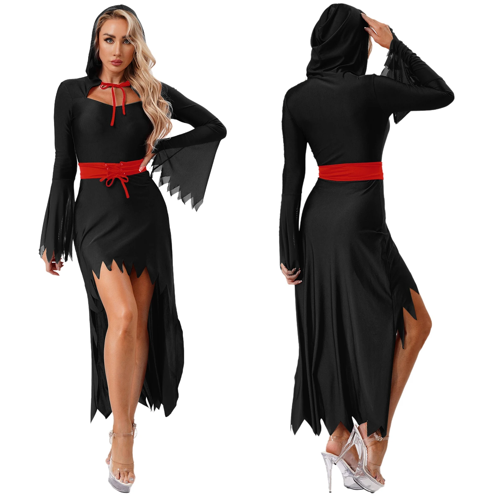 

Women Sexy Hooded Dress High Slit Dress with Waist Belt Flare Long Sleeve High-low Dress Mystery Halloween Devil Cosplay Costume