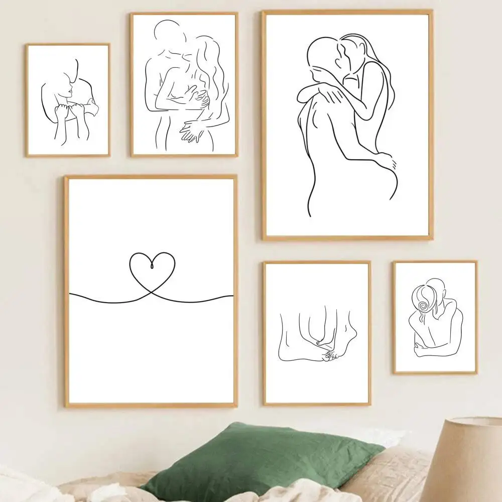 Line Drawing Couples Love Kissing Hands Posters Living Room Bar Cafe Quality Canvas Vintage Style Comics Painting Art Home Wall