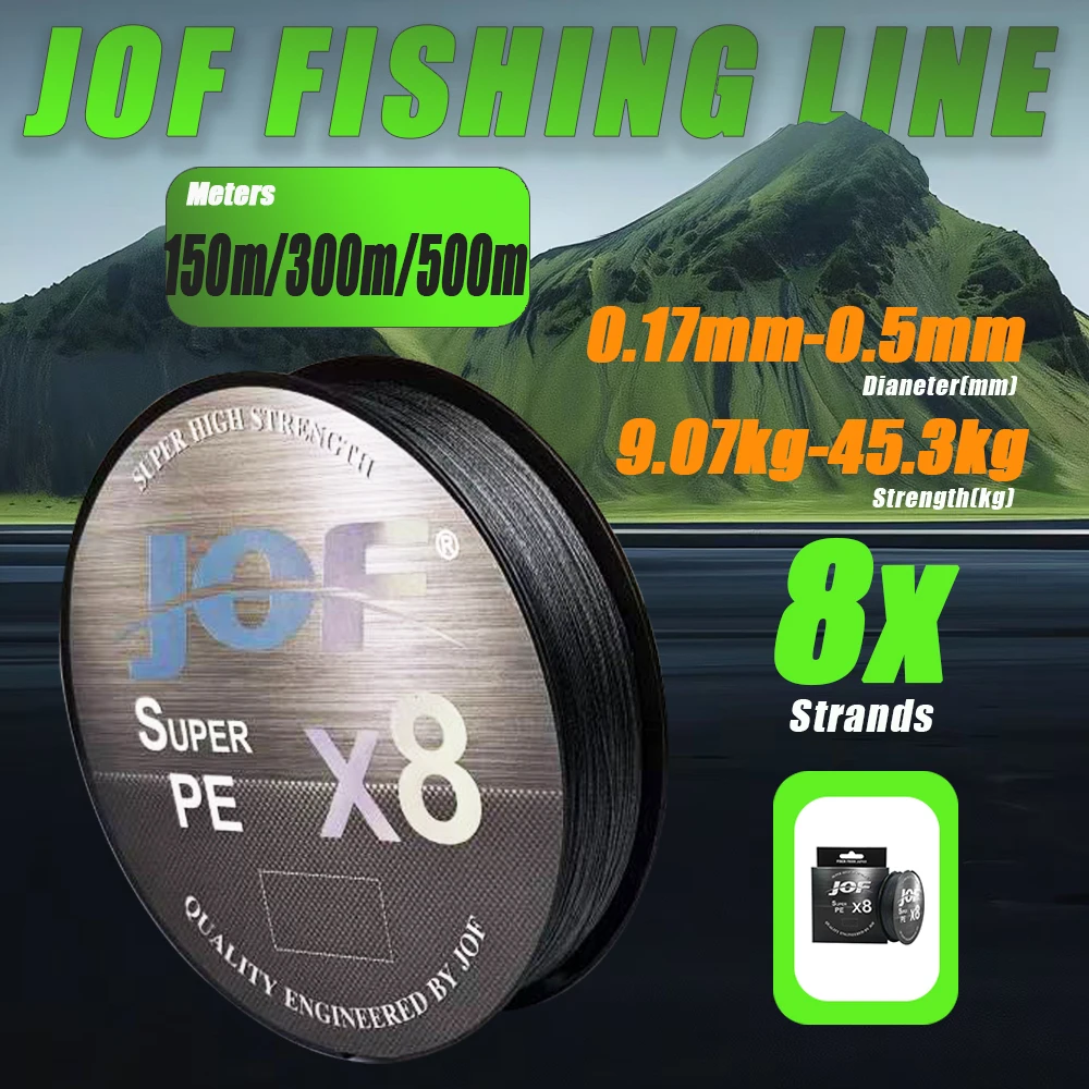 JOF 8-fach Geflochtene Schnur 20-100LB PE-Leine 8-Strang Japanische Geflochtene Schnur Multifilament Angelschnur 150M 300M 500M Karpfenangel-Zubehör