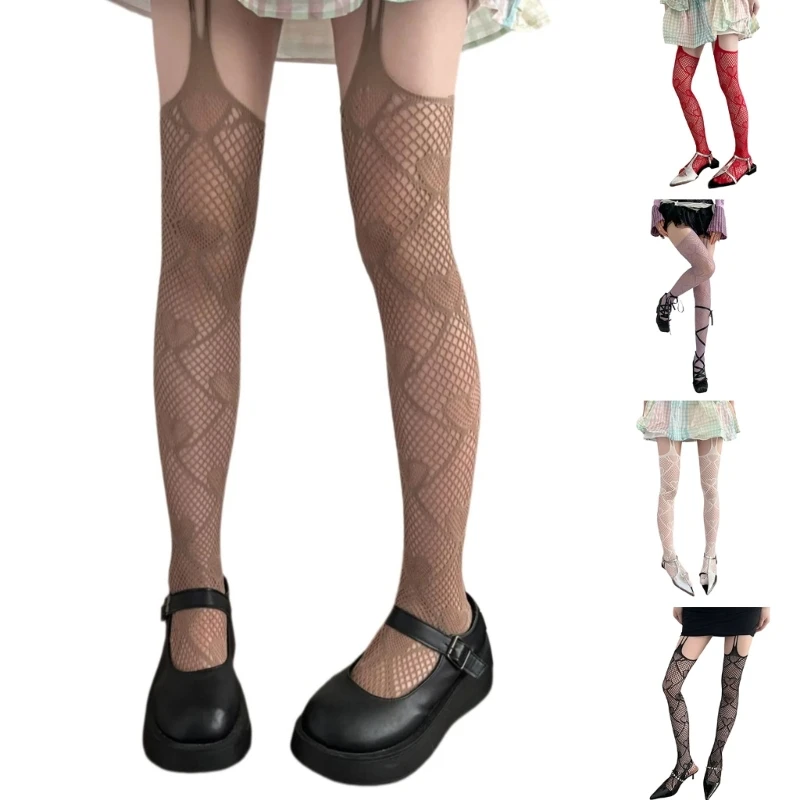 

YUYU Gothic Heart Patterned Suspender Pantyhose Hollowed Fishnet Thigh High Stockings