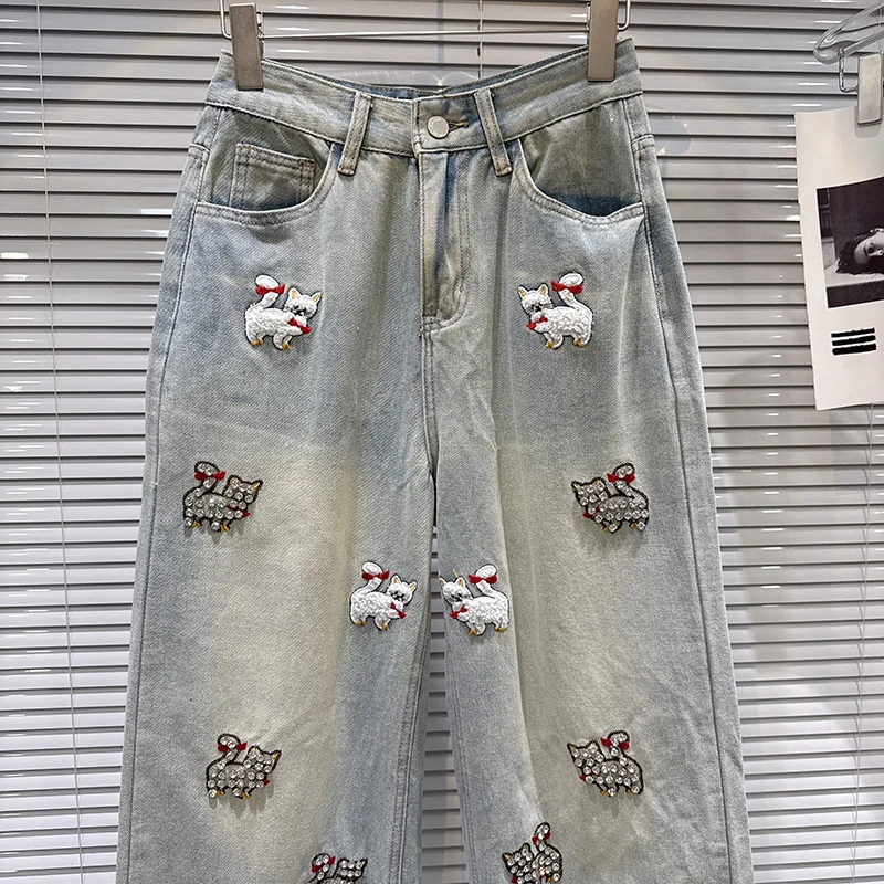 KBQ Solide Gespleißt Gestickte Kätzchen Lose Hosen für Frauen Hohe Taille Patchwork Dimonds Chic Casual Jean Weibliche Mode Stil