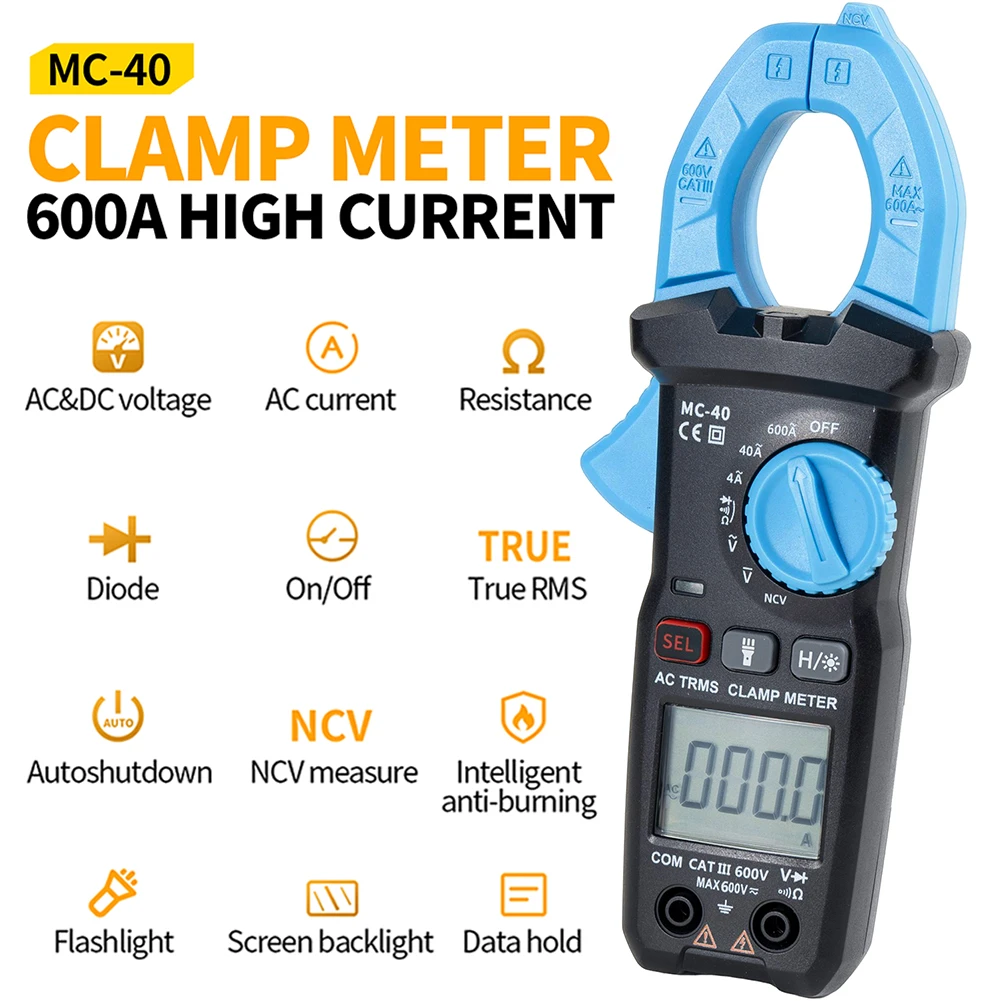 For FNIRSI MC-40 Digital Clamp Multimeter AC DC Voltage Diode NCV Ohm Test Voltage 600V Auto Range NCV T-RMS Resis Test