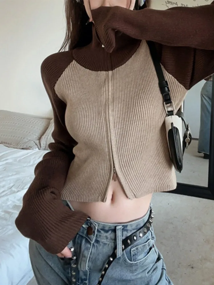 Tonngirls Grunge Patchwork Turtleneck Cardigans Y2k Vintage Knitted Coat Gothic Ribbed Swerater Korean Fashion Streetwear Winter