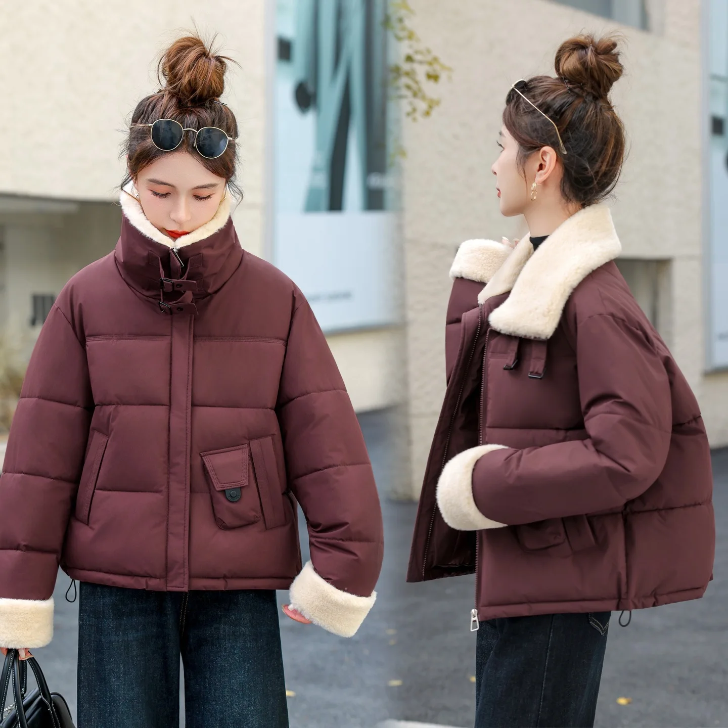 

Winter Fur Collar Parkas Women's Warm Cargo Jacket Short Coat Long Sleeve Windproof Outerwear Winter Clothes Women Tops