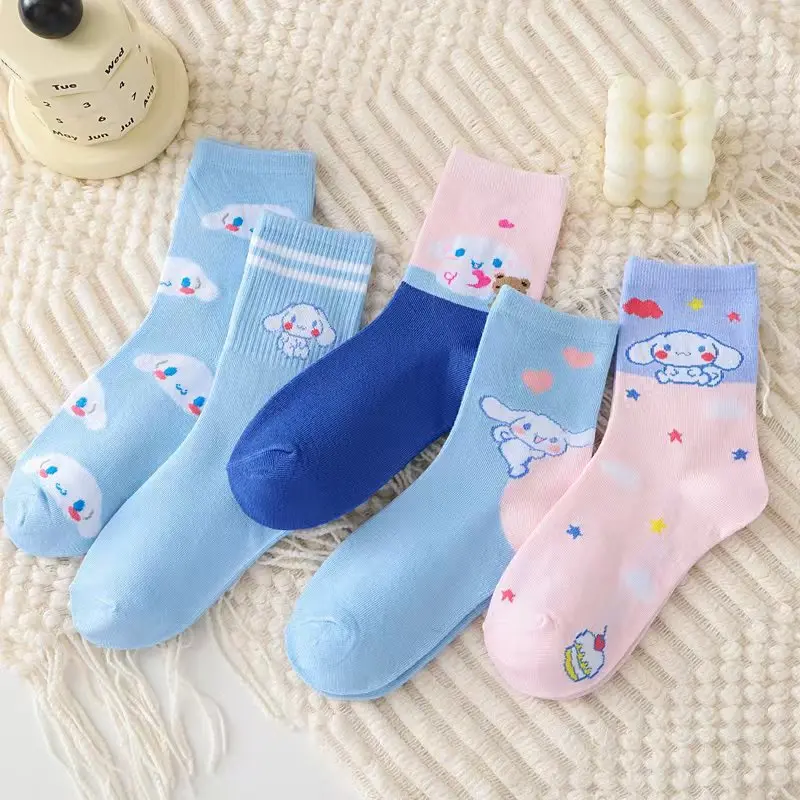 5/10pcs Hello Kitty Women's Mid-calf Socks Cartoon Kuromi Combed Cotton Socks Sweat Absorbent Average Size for 18-40 years