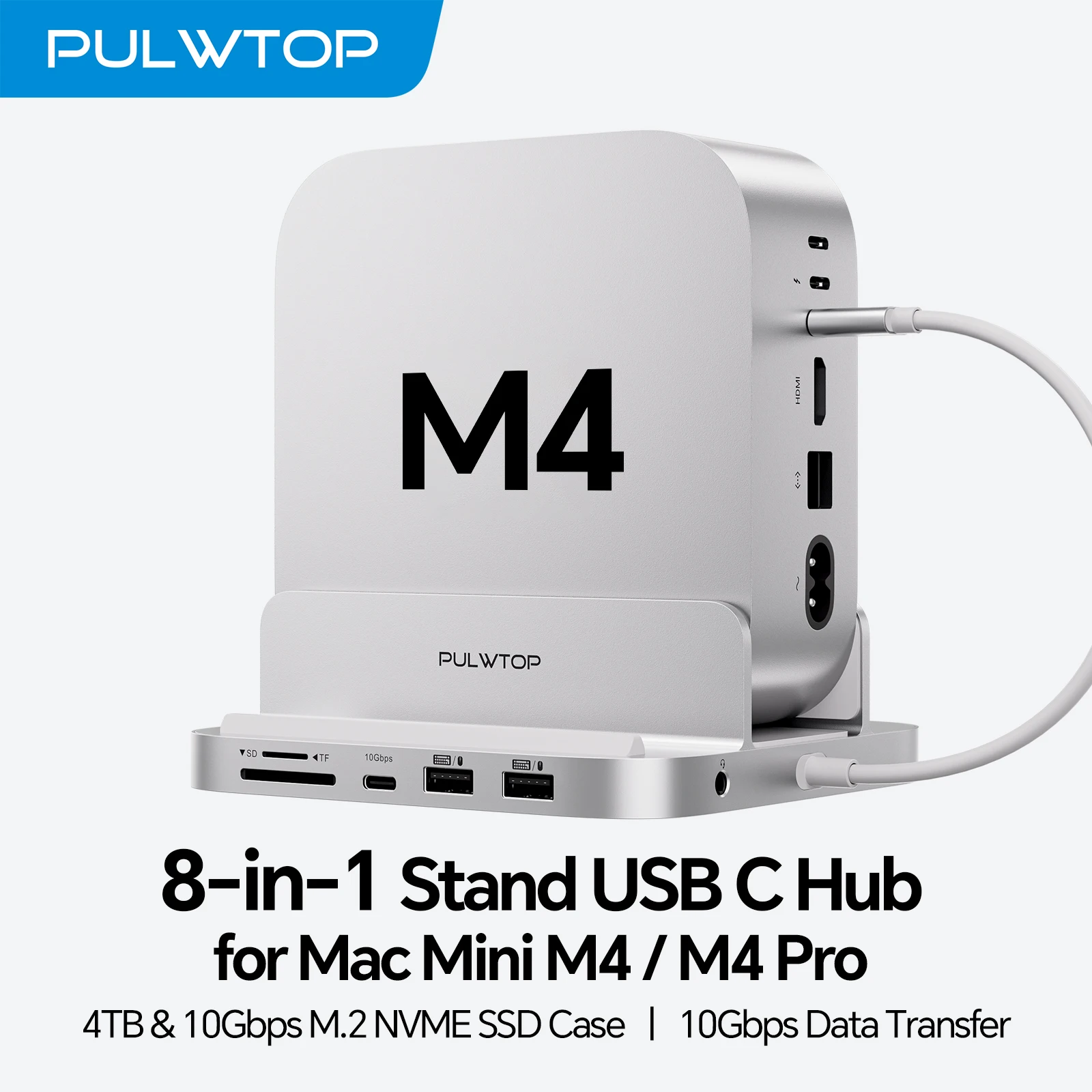 PULWTOP Mac mini M4 Hub with 4TB M.2 SSD Enclosure (SSD NOT Included), USB-A/C 3.2 10Gbps, USB-A 2.0, Audio, SD/TF Slots