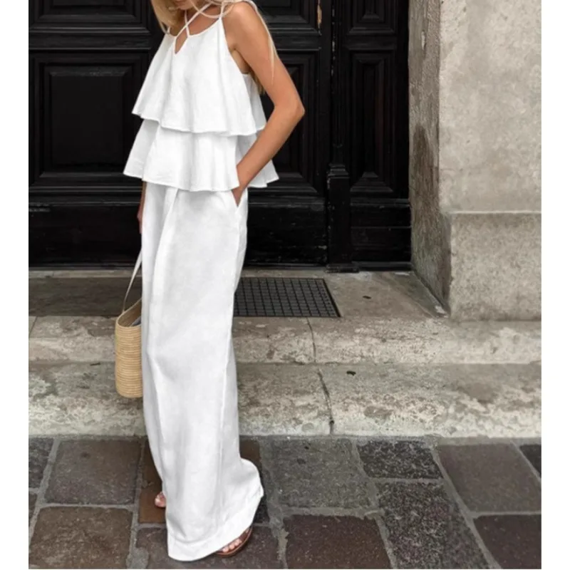 

2026 Casual White Cotton and Linen Suit Women's Spring and Autumn Fashion Ramie Flying Sleeves Top Wide-leg Pants Two-piece Set