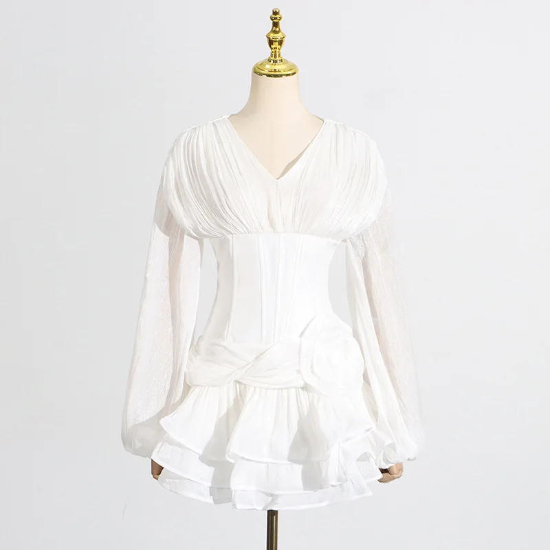 Bjtz estilo francês high-end socialite babados vestido curto 2025 novo decote em v manga puff tridimensional vestido floral para mulher